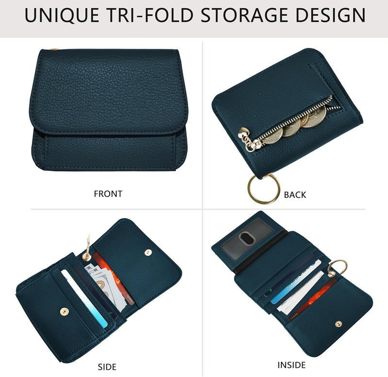 Sunpour Women Small Wallet RFID Blocking Slim Wallet with Coin Pocket Tri-Fold Credit Card Holder with ID Window and Keychain (Lake Blue) - Image 3